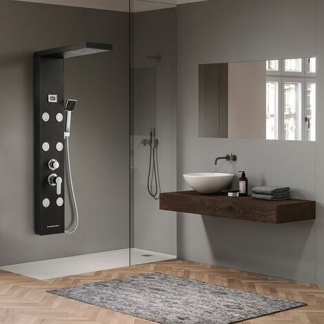 Colonna Doccia Idromassaggio Pannello Doccia in Acciaio Inox,4 Funzioni Sistema Doccia, soffione, idromassaggio, doccia a cascata, doccetta, Nero