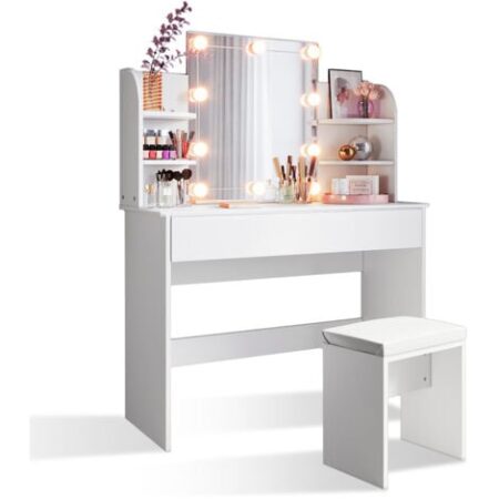 SIRHONA Tavolo per Cosmetici 108x40x140cm, Vanity Toeletta con Morbido Sgaballo, con Luce per il Trucco, Moderno Mobile da Trucco - Bianca