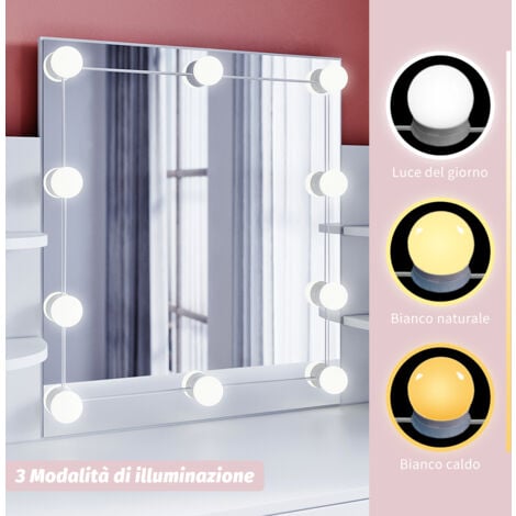 SIRHONA Tavolo per Cosmetici 108x40x140cm, Vanity Toeletta con Morbido Sgaballo, con Luce per il Trucco, Moderno Mobile da Trucco - Bianca