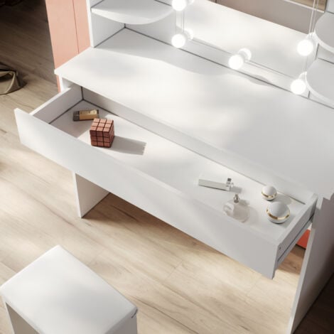 SIRHONA Tavolo per Cosmetici 108x40x140cm, Vanity Toeletta con Morbido Sgaballo, con Luce per il Trucco, Moderno Mobile da Trucco - Bianca