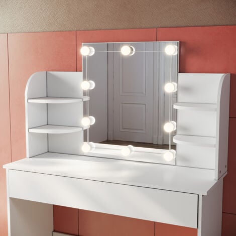SIRHONA Tavolo per Cosmetici 108x40x140cm, Vanity Toeletta con Morbido Sgaballo, con Luce per il Trucco, Moderno Mobile da Trucco - Bianca