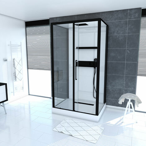 Cabina doccia rettangolare 90x115x215 cm Bianco extra - Profili laccati neri - rettangolo fantasma