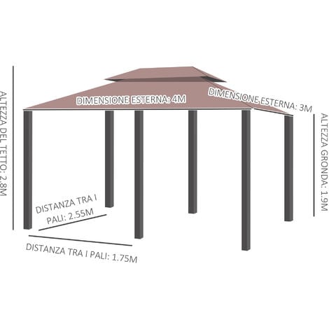 Outsunny Gazebo 4x3m con Doppio Tetto e Struttura in Acciaio Color Cachi