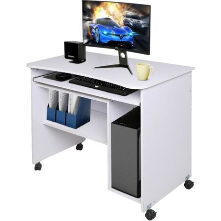 Scrivania Tavolo con Porta Tastiera Coputer e Ripiano in Legno con Ruote Bianco