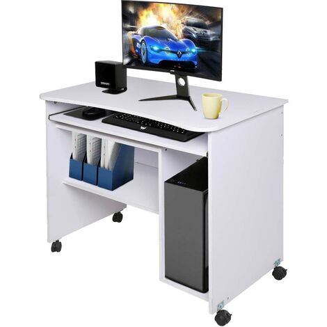 Scrivania Tavolo con Porta Tastiera Coputer e Ripiano in Legno con Ruote Bianco
