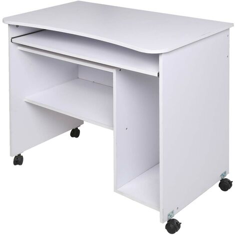 Scrivania Tavolo con Porta Tastiera Coputer e Ripiano in Legno con Ruote Bianco