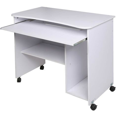 Scrivania Tavolo con Porta Tastiera Coputer e Ripiano in Legno con Ruote Bianco