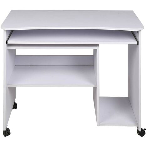 Scrivania Tavolo con Porta Tastiera Coputer e Ripiano in Legno con Ruote Bianco