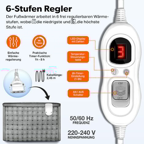 sinnlein Scaldapiedi Grigio  Riscaldamento Elettrico dei Piedi  6 Livelli di Temperatura  Pantofole Riscaldante da Piedi  Spegnimento Automatico  Protezione da Surriscaldamento