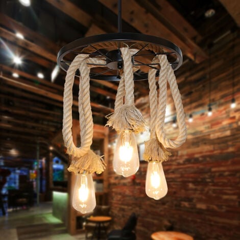 Lampada a Sospensione, Vintage Lampadario da Soffitto con Ferro Ruota, Corda di Canapa Illuminazione Edison E27 per Cucina Isaland Camera da Letto Nero - 1 Pezzi 3 Luci