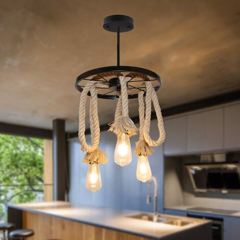 Lampada a Sospensione, Vintage Lampadario da Soffitto con Ferro Ruota, Corda di Canapa Illuminazione Edison E27 per Cucina Isaland Camera da Letto Nero - 1 Pezzi 3 Luci