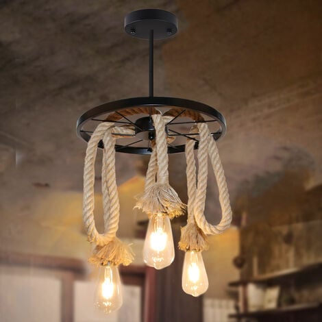 Lampada a Sospensione, Vintage Lampadario da Soffitto con Ferro Ruota, Corda di Canapa Illuminazione Edison E27 per Cucina Isaland Camera da Letto Nero - 1 Pezzi 3 Luci