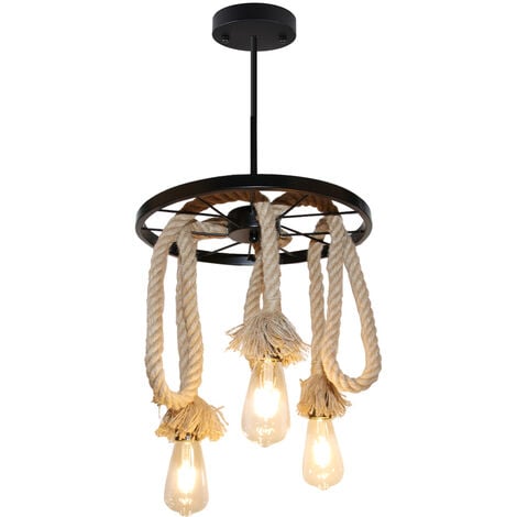 Lampada a Sospensione, Vintage Lampadario da Soffitto con Ferro Ruota, Corda di Canapa Illuminazione Edison E27 per Cucina Isaland Camera da Letto Nero - 1 Pezzi 3 Luci