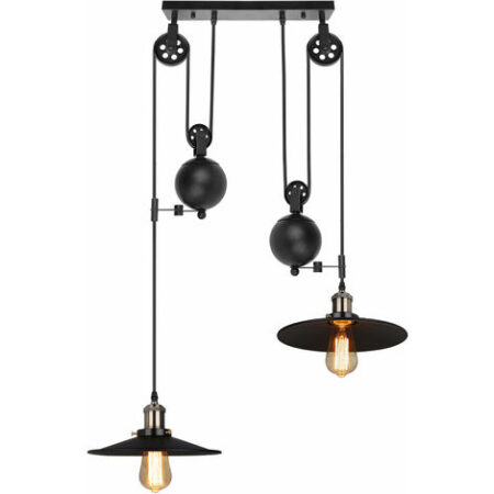 Lampada a Sospensione Vintage, Industraile Stile Lampadario da Soffitto con Ø26cm Paralume Regolabile, Illuminazione a Puleggia in Ferro Edison E27 per Cucina Isaland Camera da Letto Nero - 2 Luci