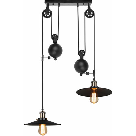 Lampada a Sospensione Vintage, Industraile Stile Lampadario da Soffitto con Ø26cm Paralume Regolabile, Illuminazione a Puleggia in Ferro Edison E27 per Cucina Isaland Camera da Letto Nero - 2 Luci