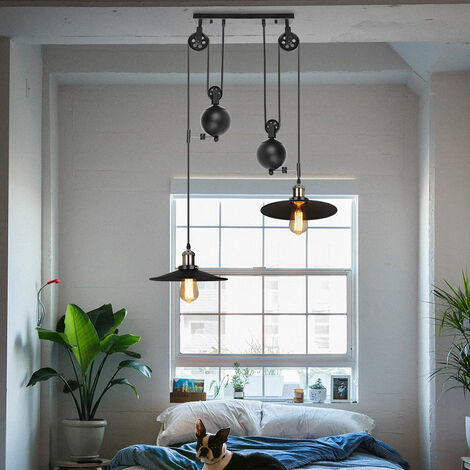Lampada a Sospensione Vintage, Industraile Stile Lampadario da Soffitto con Ø26cm Paralume Regolabile, Illuminazione a Puleggia in Ferro Edison E27 per Cucina Isaland Camera da Letto Nero - 2 Luci