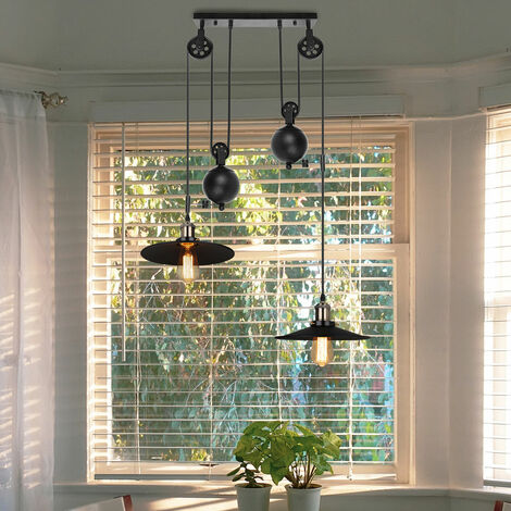 Lampada a Sospensione Vintage, Industraile Stile Lampadario da Soffitto con Ø26cm Paralume Regolabile, Illuminazione a Puleggia in Ferro Edison E27 per Cucina Isaland Camera da Letto Nero - 2 Luci