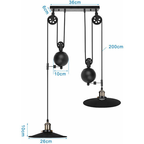 Lampada a Sospensione Vintage, Industraile Stile Lampadario da Soffitto con Ø26cm Paralume Regolabile, Illuminazione a Puleggia in Ferro Edison E27 per Cucina Isaland Camera da Letto Nero - 2 Luci