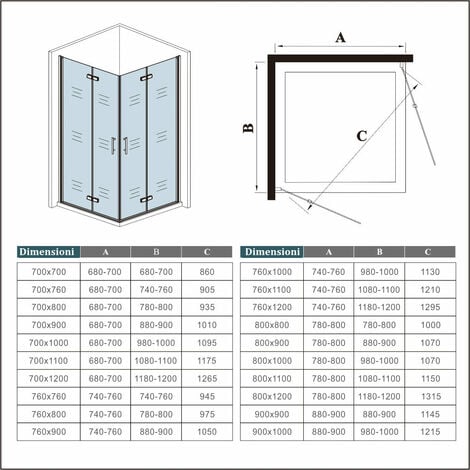 Box Doccia Angolare Due Porte Battente e Pieghevoli a Libro Vetro 6 mm Temperato Trasparente Anticalcare Telaio Cromato Lucido 90x70x195 cm