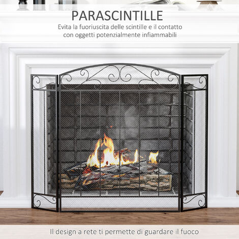 HOMCOM Parascintille Caminetto Pieghevole 3 Pannelli Metallo e Acciaio Nero