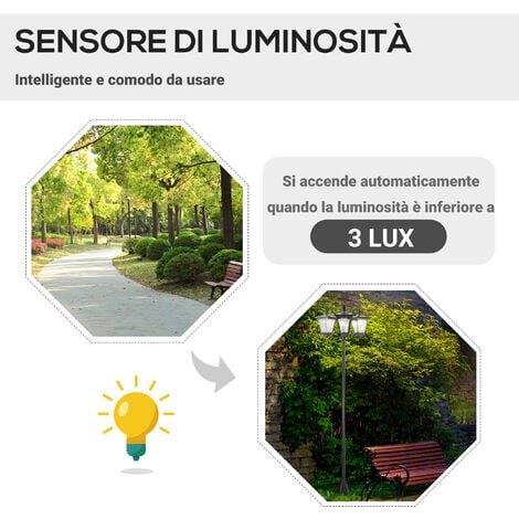 Outsunny Lampione da Giardino a Energia Solare con 3 Luci LED Nero