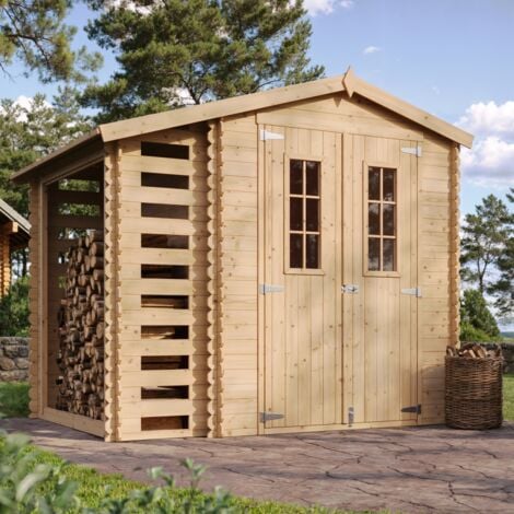 Casetta Giardino - Casetta da Giardino in Legno con Legnaia da Esterno - L206xL272xA218 cm/ 3,53 m2 + 0,97 m2 - Piccola Casetta in Legno da Giardino, Rimessa Attrezzi, Deposito Bici TIMBELA M386C