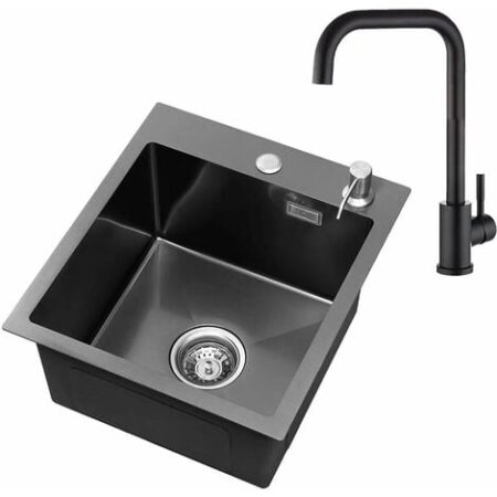CECIPA Lavello Cucina 1 Vasca 40 × 45 cm, Lavandino Cucina, Raccordi di Scarico e Troppopieno, Dispenser di Sapone Non Incluso, Antracite + Rubinetto Cucina Nero 204HE