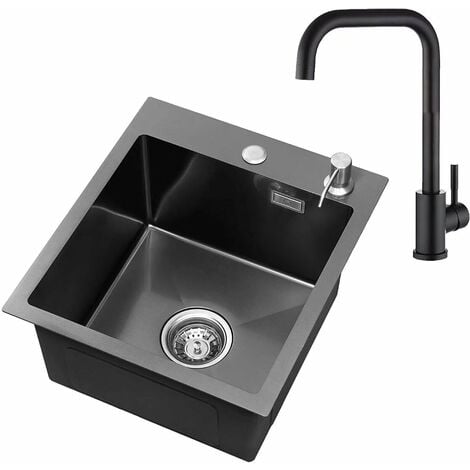 CECIPA Lavello Cucina 1 Vasca 40 × 45 cm, Lavandino Cucina, Raccordi di Scarico e Troppopieno, Dispenser di Sapone Non Incluso, Antracite + Rubinetto Cucina Nero 204HE