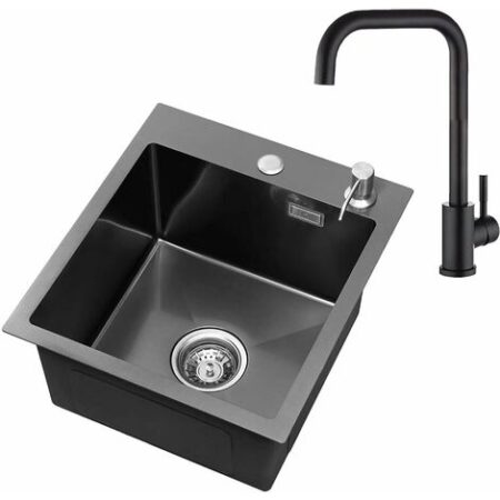CECIPA Lavello Cucina 1 Vasca 40 × 45 cm, Lavandino Cucina, Raccordi di Scarico e Troppopieno, Dispenser di Sapone Non Incluso, Antracite + Rubinetto Cucina Nero 204HE