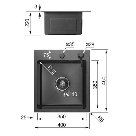 CECIPA Lavello Cucina 1 Vasca 40 × 45 cm, Lavandino Cucina, Raccordi di Scarico e Troppopieno, Dispenser di Sapone Non Incluso, Antracite + Rubinetto Cucina Nero 204HE