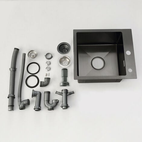 CECIPA Lavello Cucina 1 Vasca 40 × 45 cm, Lavandino Cucina, Raccordi di Scarico e Troppopieno, Dispenser di Sapone Non Incluso, Antracite + Rubinetto Cucina Nero 204HE