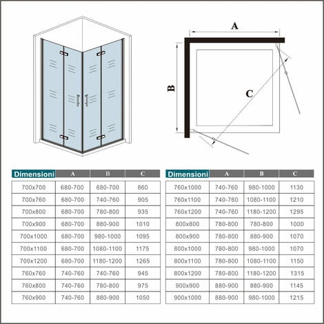 Box Doccia Angolare Due Porte Battente alte 185 cm Pieghevoli a Libro in Vetro Temperato 6 mm Anticalcare 76x76 cm