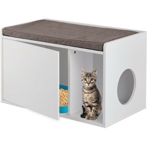 Relaxdays Mobile Lettiera per Gatti, 2 in 1 Panca Pouf e Cuccia, Casetta Chiusa, HLP 45,5 x 75 x 43 cm, Bianco Grigio