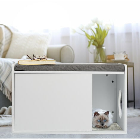 Relaxdays Mobile Lettiera per Gatti, 2 in 1 Panca Pouf e Cuccia, Casetta Chiusa, HLP 45,5 x 75 x 43 cm, Bianco Grigio