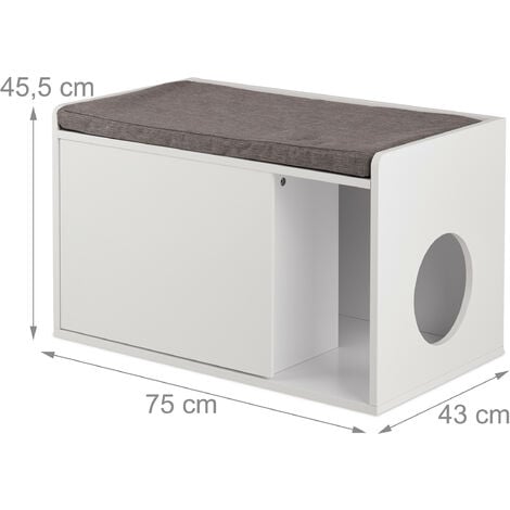 Relaxdays Mobile Lettiera per Gatti, 2 in 1 Panca Pouf e Cuccia, Casetta Chiusa, HLP 45,5 x 75 x 43 cm, Bianco Grigio