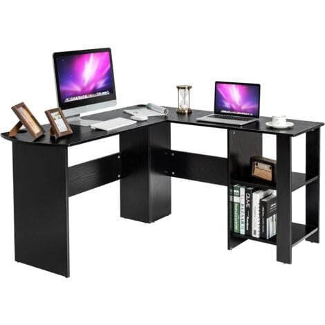 COSTWAY Scrivania Angolare per Computer con Ripiani, Scrivania Porta PC in Legno, Scrivania Salvaspazio e Moderna per Ufficio e Studio, 130 x 130 x 72,5 cm, Nero (Nero)