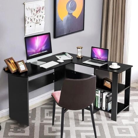 COSTWAY Scrivania Angolare per Computer con Ripiani, Scrivania Porta PC in Legno, Scrivania Salvaspazio e Moderna per Ufficio e Studio, 130 x 130 x 72,5 cm, Nero (Nero)