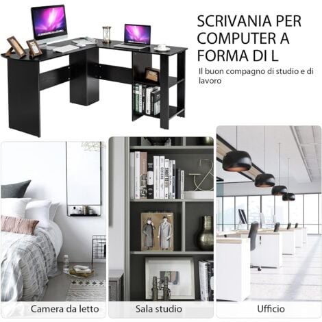 COSTWAY Scrivania Angolare per Computer con Ripiani, Scrivania Porta PC in Legno, Scrivania Salvaspazio e Moderna per Ufficio e Studio, 130 x 130 x 72,5 cm, Nero (Nero)