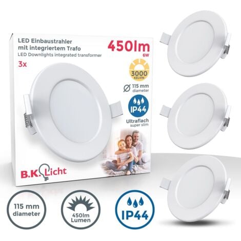 Faretti LED da incasso ultrapiatti per bagno, set di 3, LED integrati 6W, foro Ø100mm, luce calda 3000K, 450Lm, faretti da soffitto rotondi, plastica bianca 230V IP44
