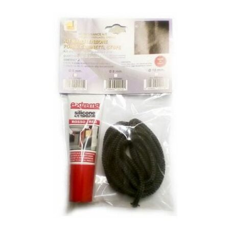 Kit guarnizione vetro stufa pellet camino sportello 10 mm 2,5 mt + silicone HT 60 ml.  treccia tonda