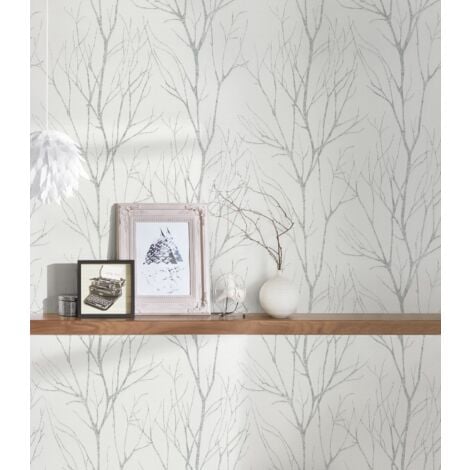 Carta da parati natura Profhome 372602 Carta da parati TNT leggermente strutturata con elementi di natura opaca bianco grigio 5,33 m2