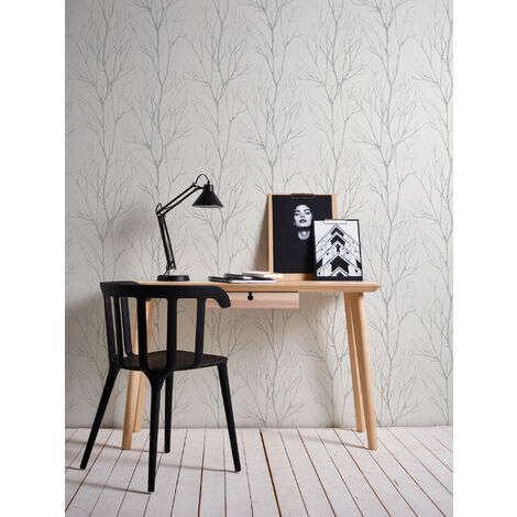 Carta da parati natura Profhome 372602 Carta da parati TNT leggermente strutturata con elementi di natura opaca bianco grigio 5,33 m2