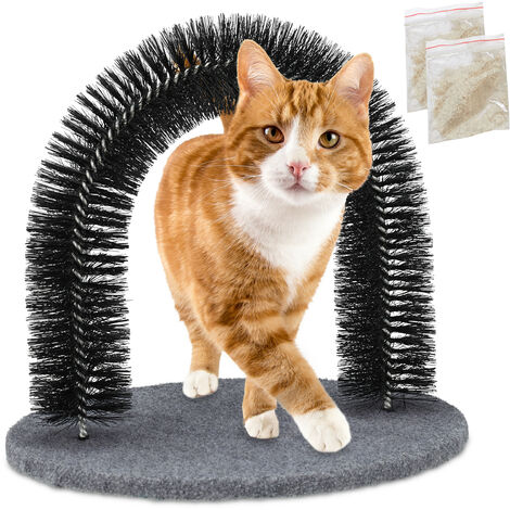 Relaxdays Arco Massaggiatore per Gatti, con Erba Gatta, Spazzola Massaggiante, Cura del Pelo, Nero