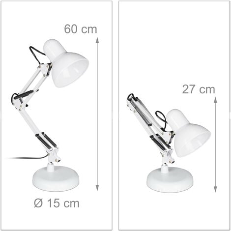 Relaxdays Lampada da Scrivania Retrò, Braccio Flessibile, Luce per la Lettura, Metallo E27, HLP 50x27x15 cm, bianco