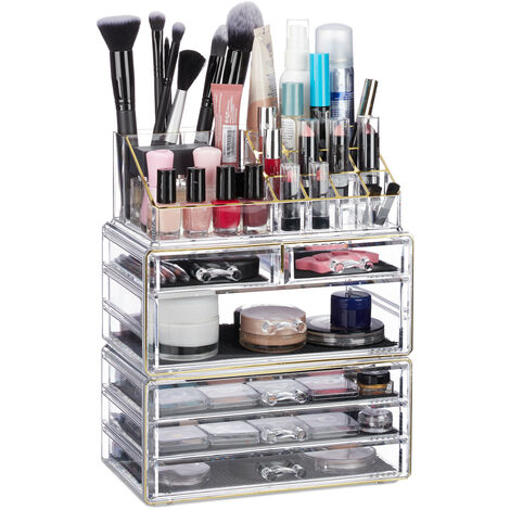 Relaxdays Contenitore per Cosmetici a 6 Cassetti, 22 Scomparti, Make Up Organizer, Porta-Trucchi, Acrilico, Oro
