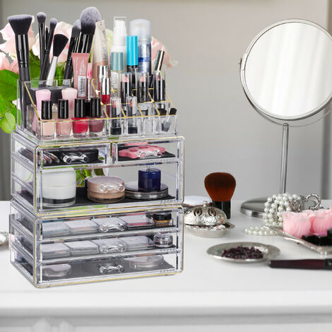 Relaxdays Contenitore per Cosmetici a 6 Cassetti, 22 Scomparti, Make Up Organizer, Porta-Trucchi, Acrilico, Oro