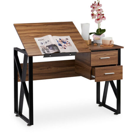 Relaxdays Scrivania Orientabile, Supporto Inclinabile, da Disegno o per PC, HLP 75x110x55cm, Effetto Legno