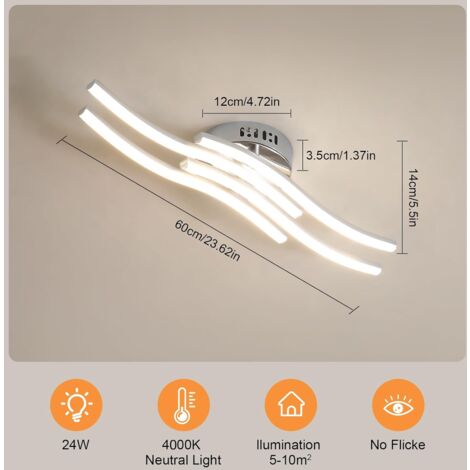 GOECO Plafoniere LED Ondulata con 4 Tubi, Argento 24W 2300LM Luce Neutra 4000K, Plafoniera Moderna per Camera da Letto Cucina Corridoio Bagno (52x14x7cm)