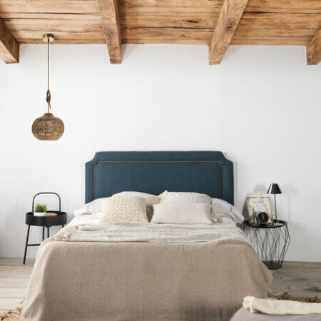 Testiera Letto Leonor con Rivestimento in Tela 160x60 cm Blu, Bottoni Color Marrone, Spessore complessivo 8 cm