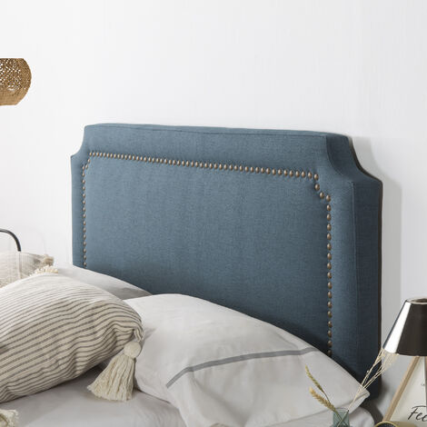 Testiera Letto Leonor con Rivestimento in Tela 160x60 cm Blu, Bottoni Color Marrone, Spessore complessivo 8 cm